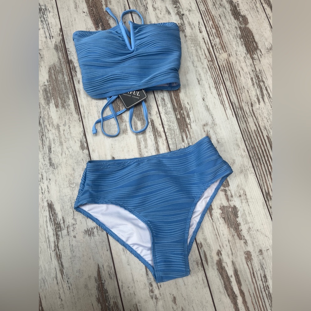 Zaful Light Blue Textured V-Notch Bandeau Bikini Set High Waisted Small NWT - Picture 5 of 9